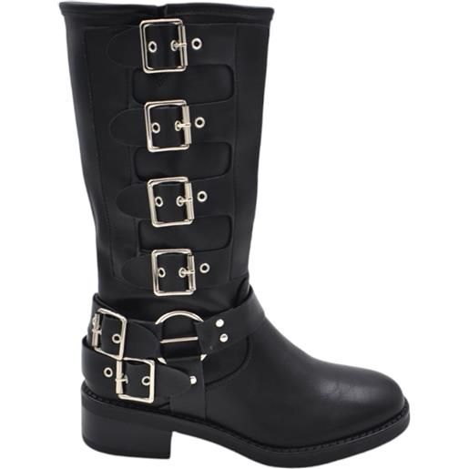 Malu Shoes stivali biker donna neri basic motociclista con gomma e tacco 5 cm zip laterale e fibbie regolabili sotto ginocchio