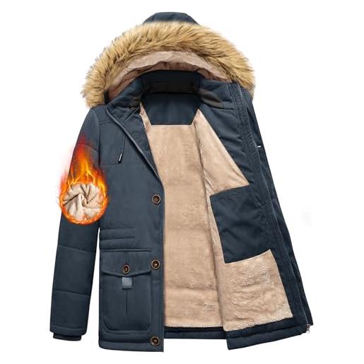 Nadeer giubbotto parka uomo giacca invernale caldo cappotto in pile con cappuccio in pelliccia antivento trenchcoat casual giacche con tasche(blu, xl)