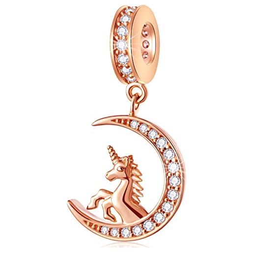 GLOWDAS oro rosa unicorno charms su luna pendente fit pandora bracciale di natale, 925 argento sterling magico unicorn cavallo su scintillante mezzaluna cz ciondolo perline, regalo per bambini/nipote/laurea