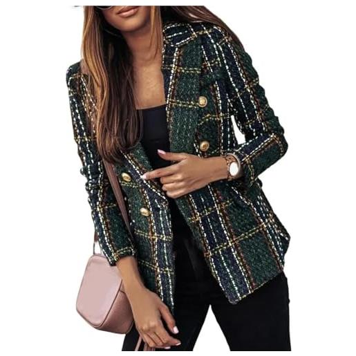 Goolecrimp blazer a quadri da donna tendenza moda tweed rever a doppio petto giacca a quadri retrò elegante giacca da ufficio business casual (verde, xl)