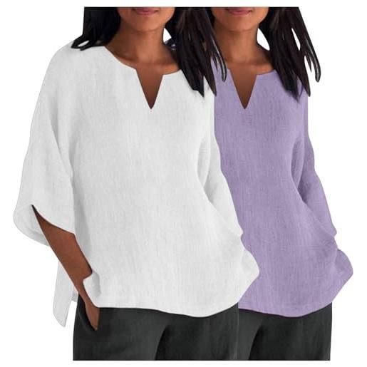 Generic 2 magliette da donna con maniche a 3/4 casual con scollo a v in cotone e lino magliette taglie forti camicetta ampia pullover magliette eleganti per uscire top alla moda abiti y2k, 022* bianco, 54