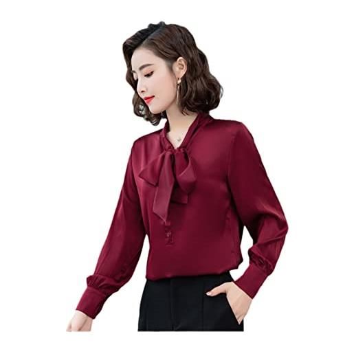 Disimlarl camicia elegante in raso di seta con fiocco luminoso manica lunga coreana ufficio signore camicia da lavoro bordeaux xl