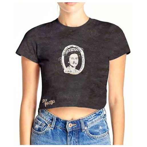 Sex Pistols crop top shirt god save the queen official womens mineral wash black, t-shirt donna, black, 