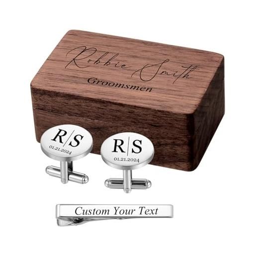MeMeDIY gemelli e fermacravatta personalizzati con scatola di legno incisa con nome testo iniziale data gemelli da matrimonio per polsini camicia regalo per uomo/sposo/papà c1