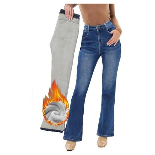 Fakanhui jeans da donna foderati in pile svasati bootcut invernali foderati in flanella termica jeans jeans in denim caldo, luce blu. , m