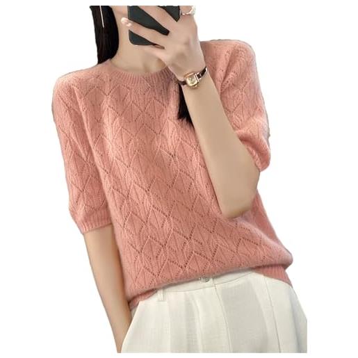 Niiyyjj maglia da donna 100% lana meino mezza manica maglione maglia cava manica corta girocollo t shirt, rosa, m