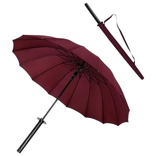 ysrpoud new samurai sword handle umbrella ninja katana giapponese lungo ombrello 16 ossa sole & pioggia ombrello antivento impermeabile per uomini donne, rosso, l