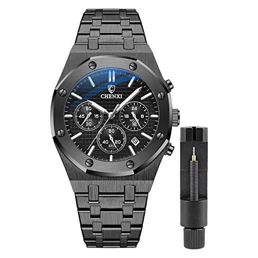 Gosasa orologio di lusso per gli uomini cronografia business mens orologi al quarzo orologi calendario luminoso moda orologio da polso da uomo impermeabile in acciaio inossidabile, nero, affari