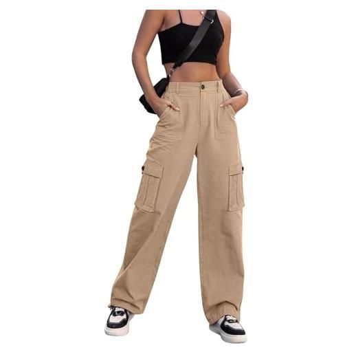 ZMPSIISA pantaloni cargo da donna a vita alta a gamba larga pantaloni casual 6 tasche pantaloni militari da combattimento, cachi, xs
