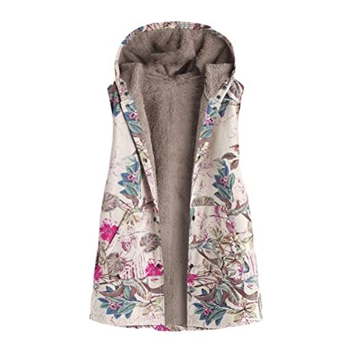ORANDESIGNE gilet donna lungo smanicato elegante peluche giacca senza maniche con cappuccio felpa ciniglia retro stampato cappotto invernale con pelliccia casual giacche cappotti lungo-01 xxl