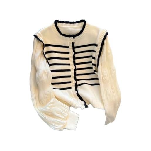 Hdhdeueh cardigan da donna con maniche a sbuffo in chiffon, a righe, lavorato a maglia, girocollo, elegante top, a5, m