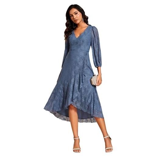 Ever-Pretty vestito da cerimonia eleganti pizzo abito da sera elegante da donna a maniche lunghe gonna irregolare denim blu 56