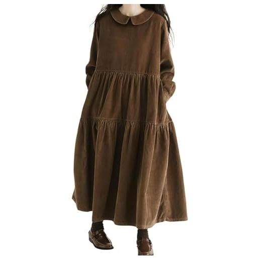 Goolecrimp abito autunnale da donna a maniche lunghe abito da bambola in velluto a coste vintage abito ampio a strati con maniche a palloncino e volant abito lungo a strati con tasche (marrone, xl)