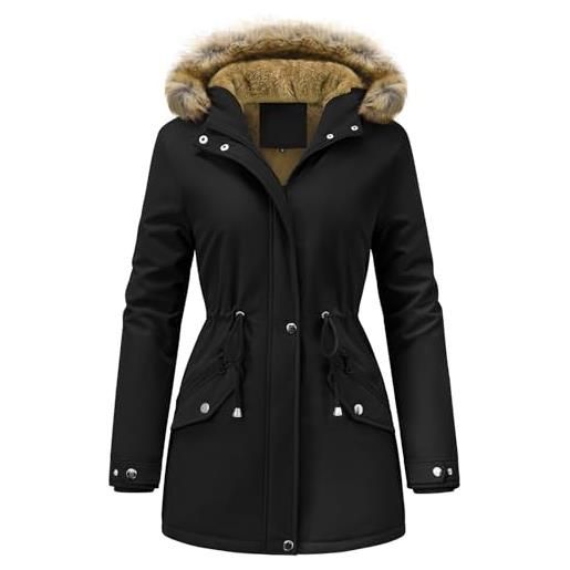 FemiChic cappotto giubbotto donna invernale parka impermeabile imbottita con cappuccio giacca antivento foderato in pile giacche caldo in pelliccia elegante cappotti invernali(rosso vino, s)