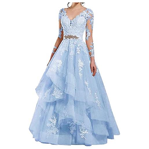 NaTengs abito da sposa con scollo a v a maniche lunghe da donna, azzurro, 54