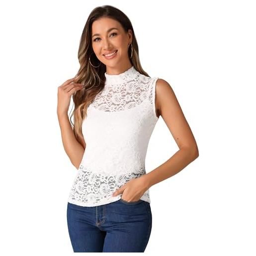 Allegra K canotta donna pizzo floreale senza maniche canotte lupetto in pizzo top elegante per festa di halloween bianca m