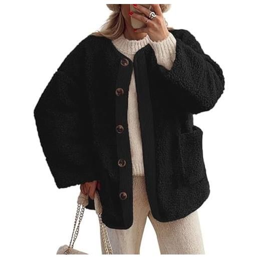 shownicer cappotto donna manica lunga cappotti di lana giacca con bottoni elegante moda cappotti di peluche caldo giacca autunno inverno outerwear a nero m