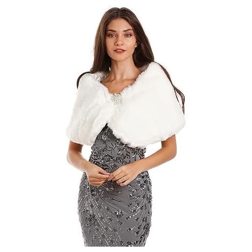Central Chic scialle avvolgente in finta pelliccia bianca, da donna, stola da sposa per feste di nozze invernali con spilla scintillante, bianco, taglia unica