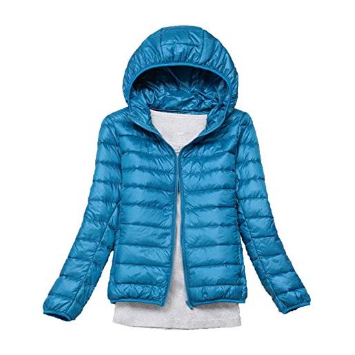 Elonglin piumino da donna, ultra leggero, trapuntato, con cappuccio, piumino d'anatra, giacca corta invernale bleu-vert large