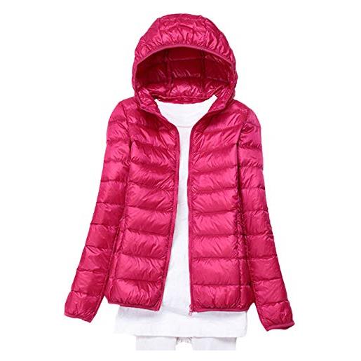 Elonglin piumino da donna, ultra leggero, trapuntato, con cappuccio, piumino d'anatra, giacca corta invernale rosa rosso large