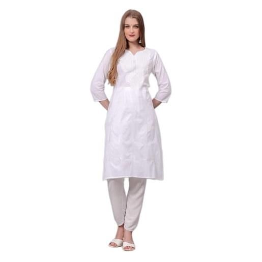 JG JAI GOVINDAM kurti indiano ricamato a mano per le donne chikankari dritto cotone lungo kurti tunica kurta abiti da donna, bianco, xx-large