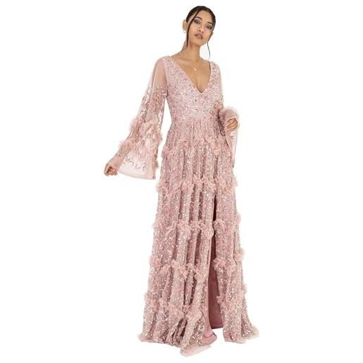 Maya Deluxe ladies womens maxi dress v neckline sequin with ruffle empire waist slit split for prom ball bridesmaid wedding guest nan, rosa satinato, 42 donna