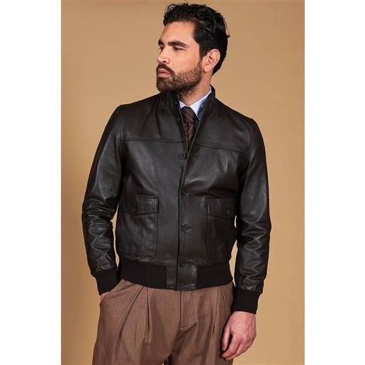 D'Arienzo giubbotto bomber in pelle testa di moro con bottoni effetto liscio D'Arienzo