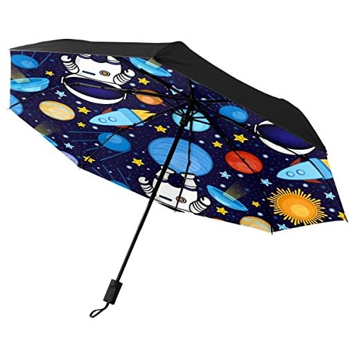 CLAYU ombrello pieghevole automatico, astronauti dello spazio dei cartoni animati impermeabile compatto sole e pioggia ombrelli da viaggio, colore unico, taglia unica