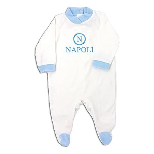 Zigozago - tutina a manica lunga in ciniglia di cotone con ricamo napoli | fatto a mano in italia | personalizzabile con il nome del bambino | colori: azzurro | taglia: 6/9 mesi