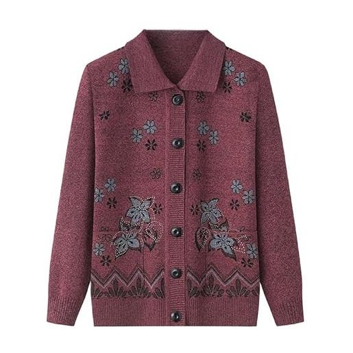 KIJSKKOPO maglioni e cardigan da donna, maglioni cardigan lavorati a maglia per persone di mezza età e anziane, risvolto marrone, maniche lunghe, bottoni, giacca in maglia jacquard floreale con tasc