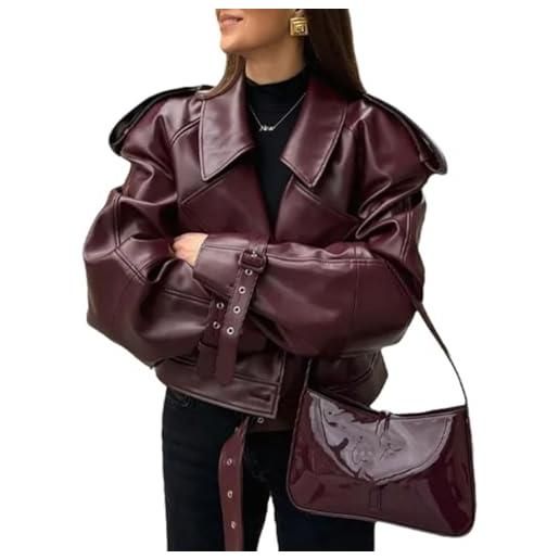 FYHTC giacche in similpelle da donna, bomber, oversize, da motociclista, autunnali, con colletto e cerniera, abiti y2k(large)