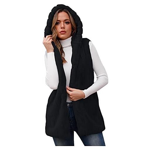Generisch gilet lungo da donna, in pelliccia sintetica, aperto, con cappuccio, senza maniche, caldo, invernale, in pelliccia, confortevole, morbido, per le mezze stagioni, per le mezze stagioni, bianco, xxl