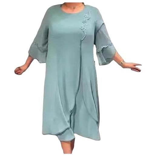 Generic abito sciolto da donna in chiffon tinta unita, abiti per donne anziane 2024, gonna con volant a collo rotondo, verde, m
