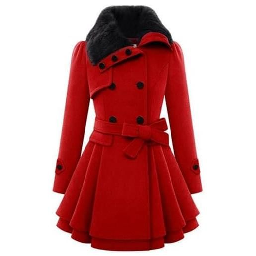 Suncadmious trench invernale in lana spessa doppiopetto con risvolto in pelliccia sintetica moda donna (kaki, l)