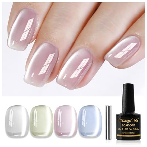Shining She smalto semipermanente unghie magnetico, 4 colori trasparente jelly cat eye cristallo bianco verde rosa blu smalti semipermanenti per unghie soak-off uv/led per nail art salone, 8ml