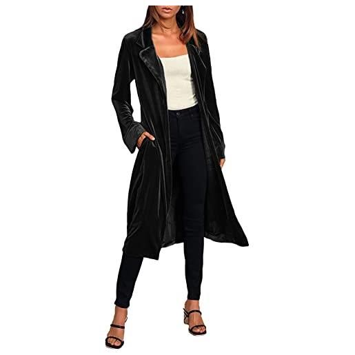 YAOTT trench lungo da donna in velluto elegante manica lunga giacca cardigan casual slim fit risvolto cappotto stile blazer leggero aperto davanti capispalla con cintura per primavera autunno colore c s