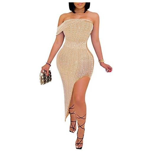 PORRCEY abito da donna sexy con strass, senza maniche, per discoteca, feste, discoteca, beige 28, m
