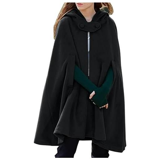 Suncadmious misto lana da donna poncho con cappuccio mantello bottone aperto anteriore autunno inverno caldo pea cappotto mantello elegante di classe maxi mantello cappotto (blu, s)