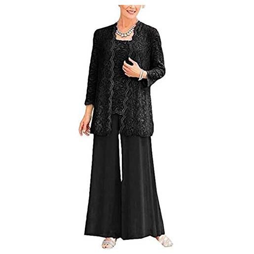 Botong 3 pc pizzo madre della sposa pantaloni tuta con giacca lunga donna abiti ospite vestito pantaloni set nero 52