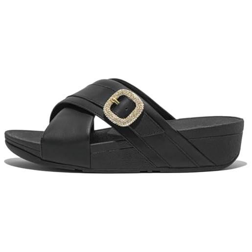 Fitflop lulu ciabatte croce in pelle con fibbia cristallina, sandali donna, nero, 39 eu