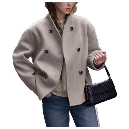 FYHTC trench da donna manica lunga elegante bottoni colletto alla coreana caldo cappotto di transizione cappotto invernale corto giacca autunno inverno parka con collo con revers cappotto di lana(khaki, medi