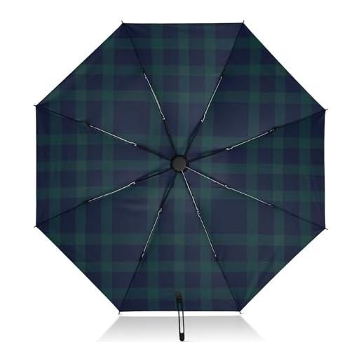 FRODOTGV ombrello da viaggio in tartan scozzese blu verde, compatto, antivento, uv 50+, apertura/chiusura automatica, invertito, 102 cm, con custodia da viaggio