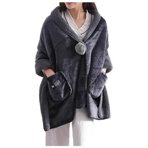 LIUYUYOUGO scialle donna elegante, poncho da donna scialli in pile sherpa multiuso coperte indossabili mantello in flanella ultra morbido e soffice con pompon calde sciarpe cappotti per casa ufficio