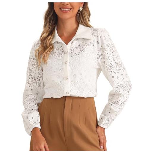 Allegra K donna camicia a maniche lunghe con colletto abbottonato, camicetta casual elegante bianca l