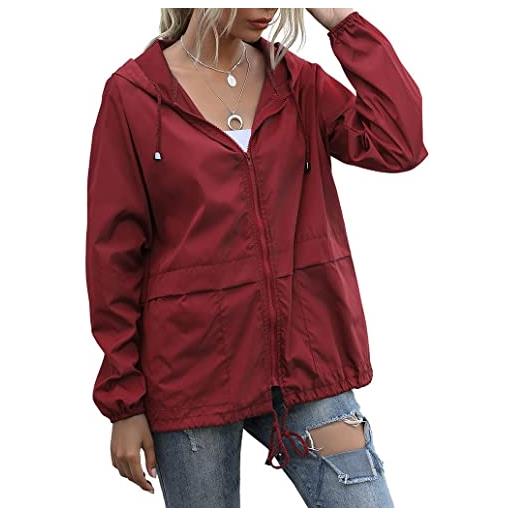GKZA impermeabile da donna, leggero, con cappuccio, regolabile, con tasca, per attività all'aperto, giacca antipioggia 05-red, medium