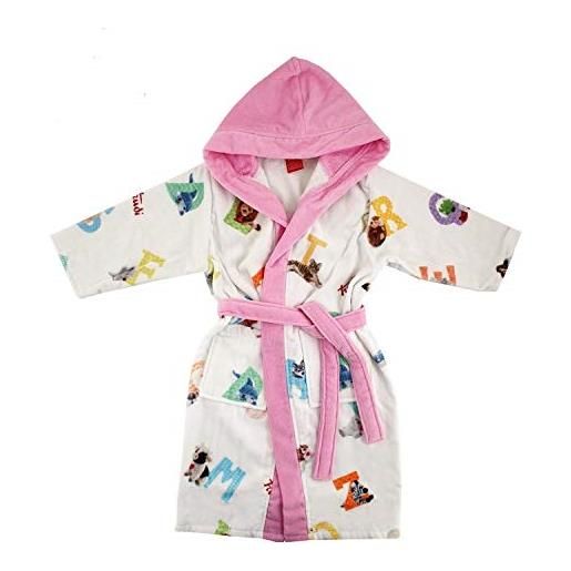 Gabel trudi - accappatoio baby - alfabeto - morbida spugna cimata di puro cotone 100% (rosa, taglia xm (3/4 anni))