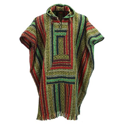 LOUDelephant 100% intrecciato cotone lungo poncho con cappuccio - rosso, verde & navy