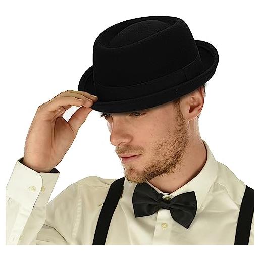 INOGIH cappello classico anni '20 in pura lana roll-brrim pork- pie fedora-hat uomo donna - cappello da chiesa a tesa corta schiacciabile, nero-stile2, m