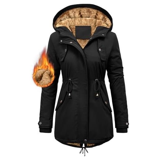 CMTOP cappotto donna invernale con cappuccio foderati giacca antivento in pile termici elegante giubbotto lungo spessa parka cappotto imbottito casual con tasche e coulisse(marina, s)