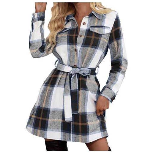 Generic camicia da donna in lana a quadri con cintura, oversize a maniche lunghe, in flanella, casual, colletto con risvolto, bottoni sul davanti, a quadri, a quadri, mini abito a tunica con tasche sul petto, 